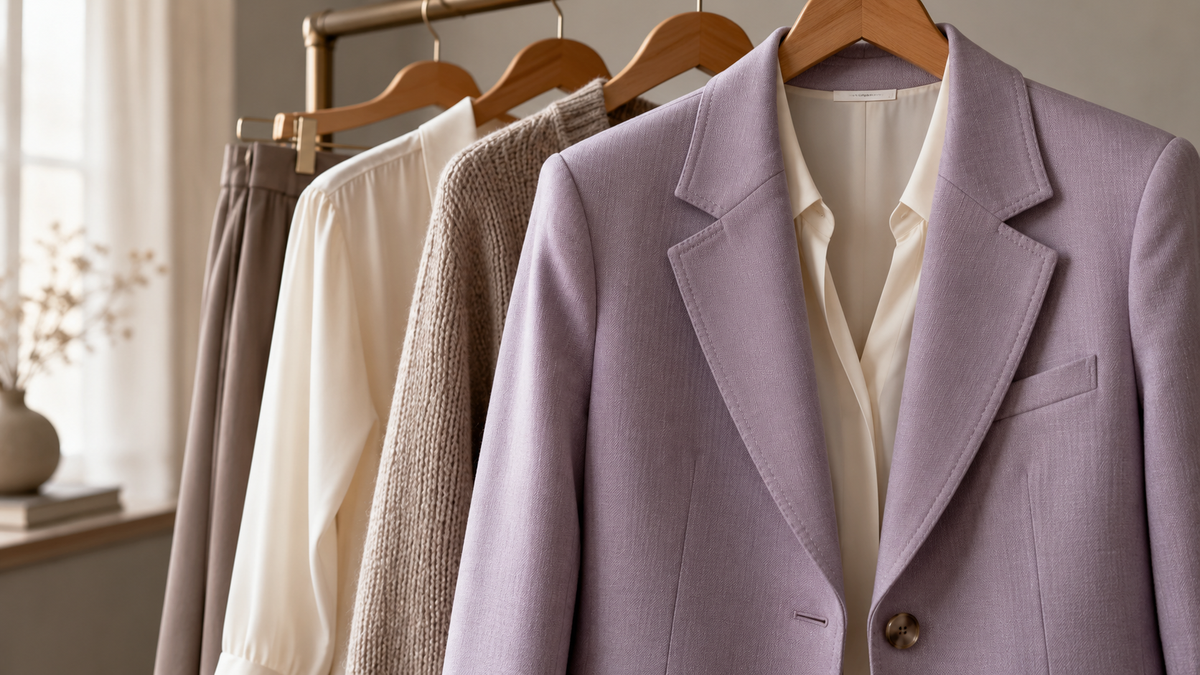 Lila blazer, crèmekleurige blouse en taupe breisel op houten hangers