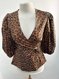 Ganni overslag blouse luipaard met pofmouw maat 34