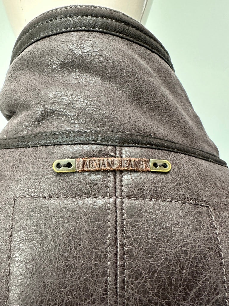 Armani Jeans - Jas - bruin, leerlook, asymmetrische ritssluiting - M/L