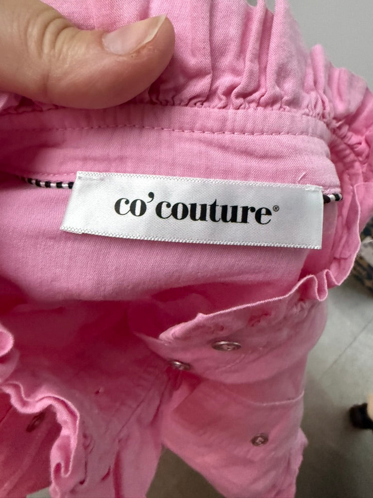 co’couture - Blouse - roze, opstaande kraag met ruches, halve knoopsluiting - XS