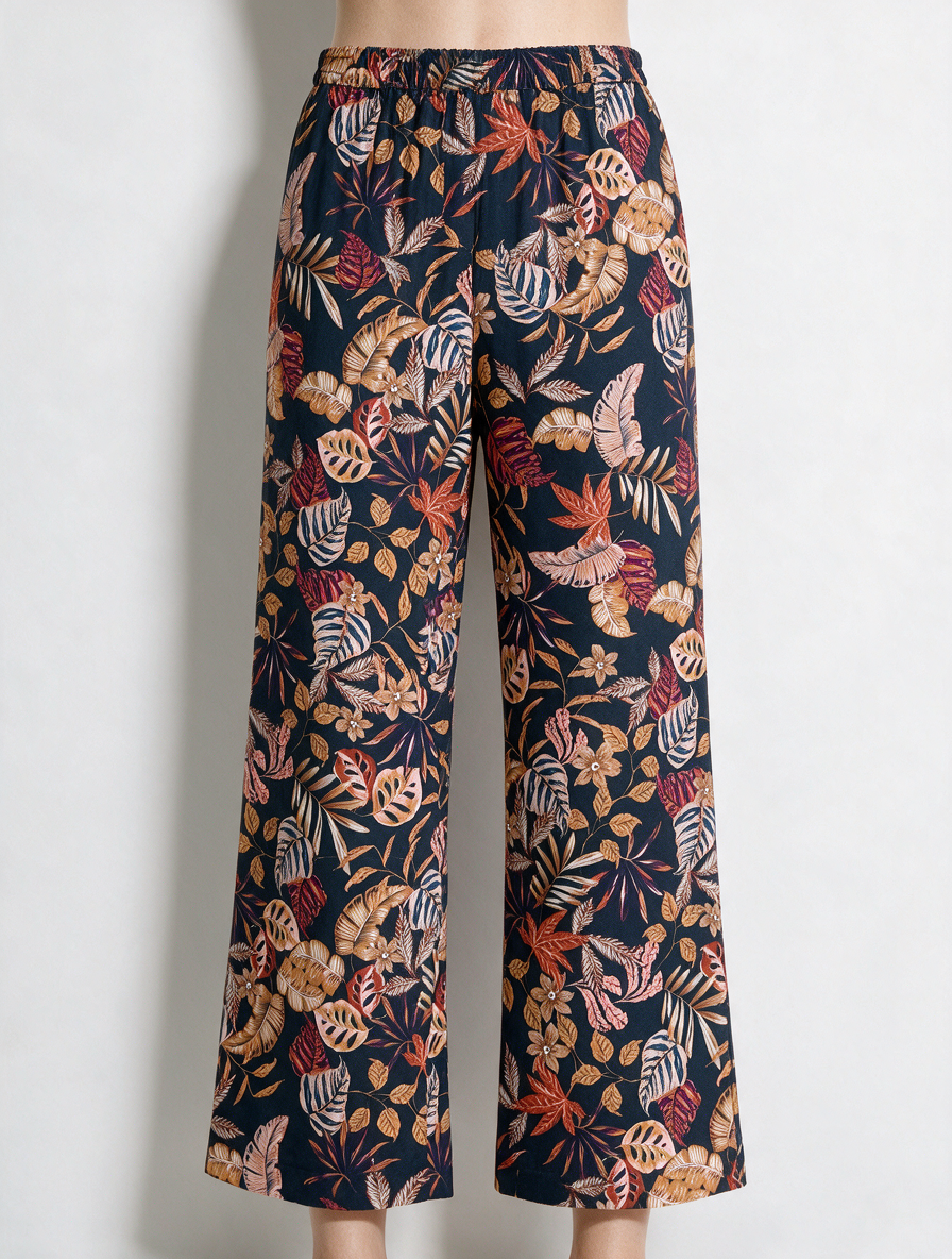 Four Roses - Broek - tropische bladerprint, wijde rechte pijpen, soepele stof - XL