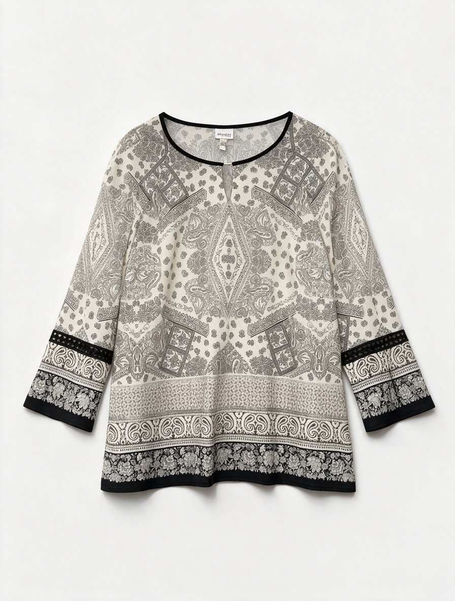 Mayerline Brussels - Blouse - zwart-wit paisleyprint, ronde hals met split, uitlopende mouwen - L