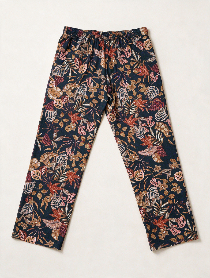 Four Roses - Broek - tropische bladerprint, wijde rechte pijpen, soepele stof - XL