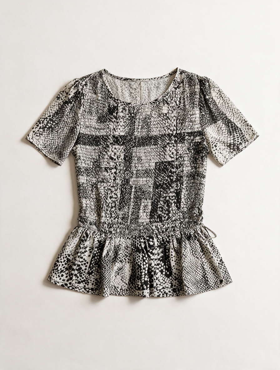 Karen Millen - Blouse - zwart-wit dierenprint, korte mouwen, gesmockte taille - S