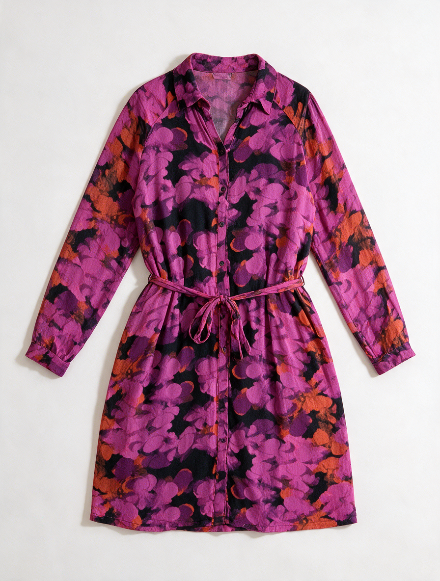 POM Amsterdam - Jurk - paars/roze/rood, abstracte print, ceintuur - M