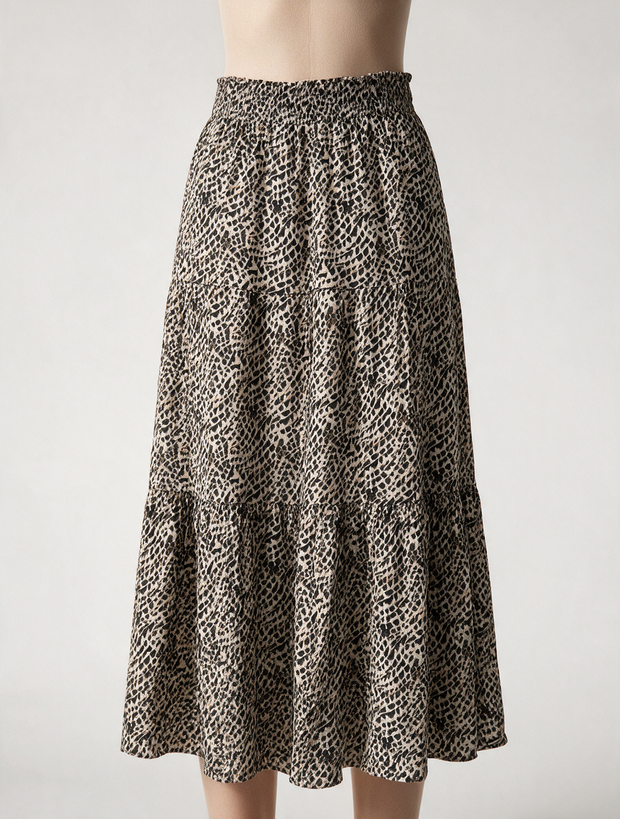 Les Copains - Rok - dierenprint, zwart/beige, elastische tailleband - L