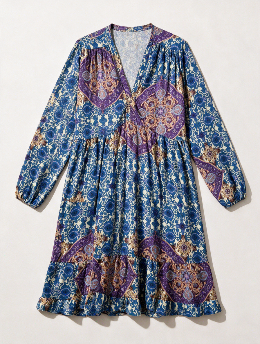 GOLD & SILVER - Jurk - meerkleurig, paisley- en bloemenprint, V-hals Taille Unique