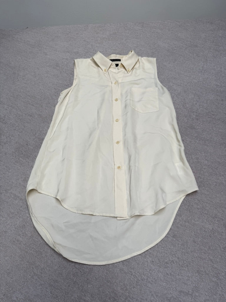 Theory 100% Zijden Mouwloze Blouse Crème – Luxe Silk Shirt met High-Low Zoom – Maat P