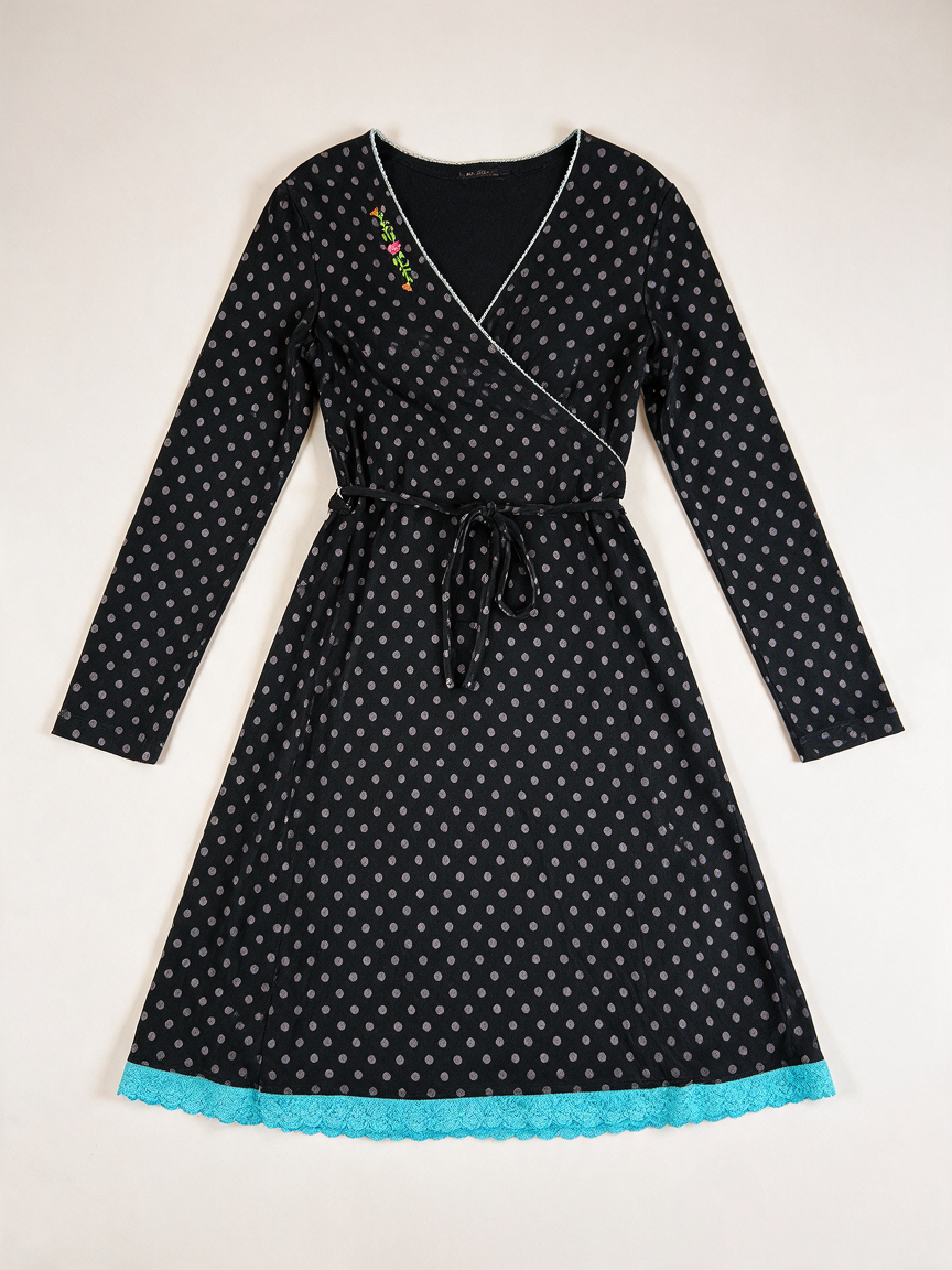 Tante Betsy - Jurk - overslag, zwart met grijze stippen, turquoise kanten zoom - L