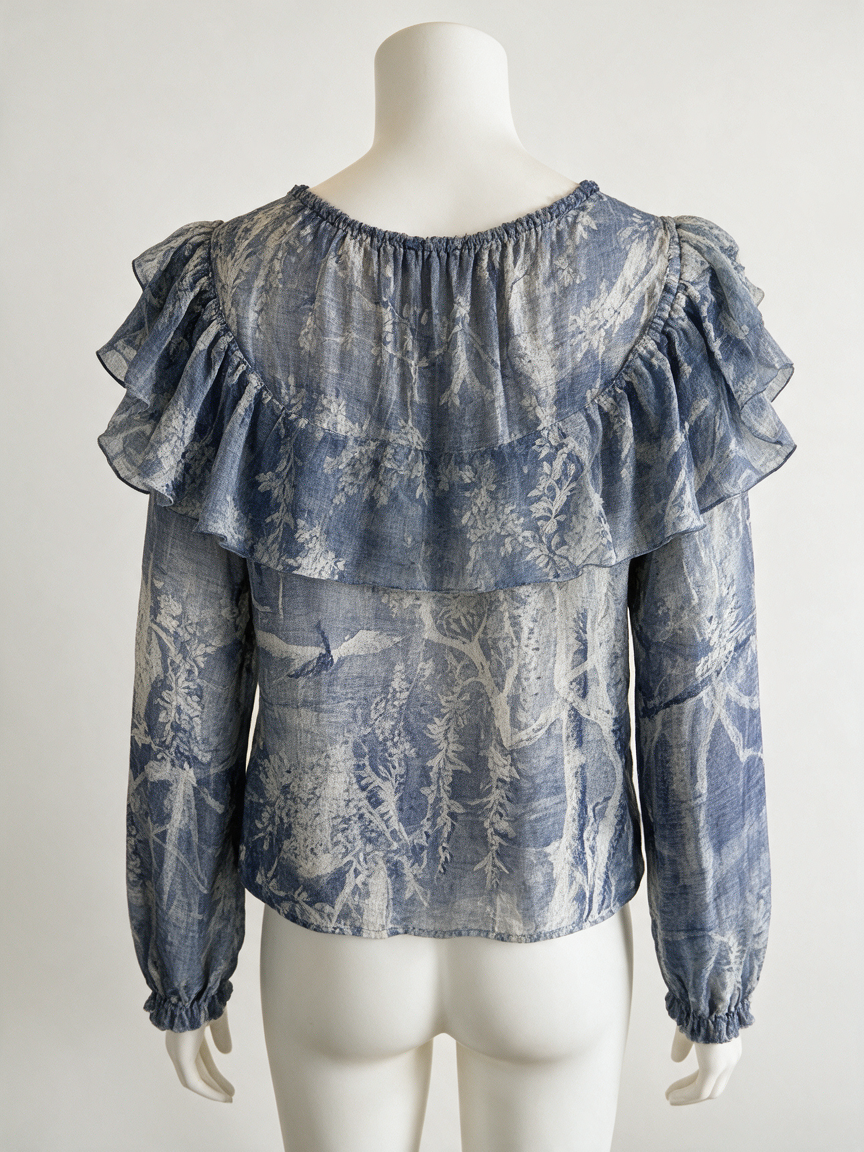 H&M - Blouse - blauw/beige patroon, diepe V-hals, ruches