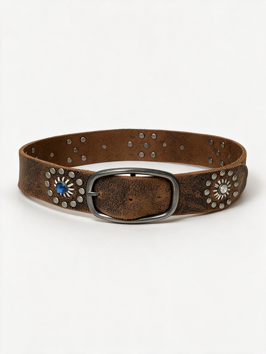 Cowboysbelt Riem - bruin suède, grote zilverkleurige gesp, western/bohemian stijl - 95 cm
