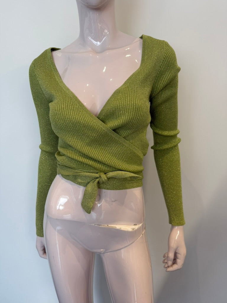 FRACOMINA - Vest - groen, ribgebreid, wikkelmodel - S