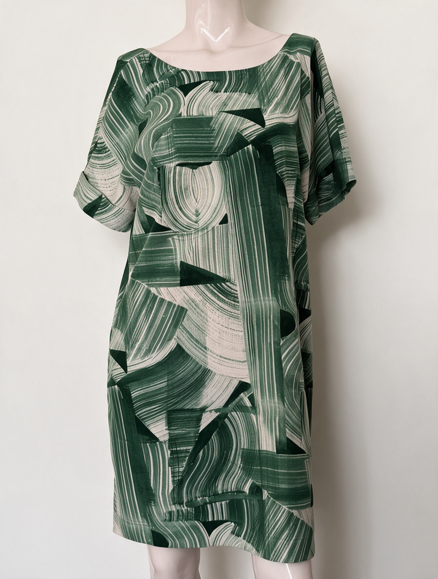 ESSENTIEL ANTWERP - Jurk - groen/beige, abstracte print, korte mouwen - L
