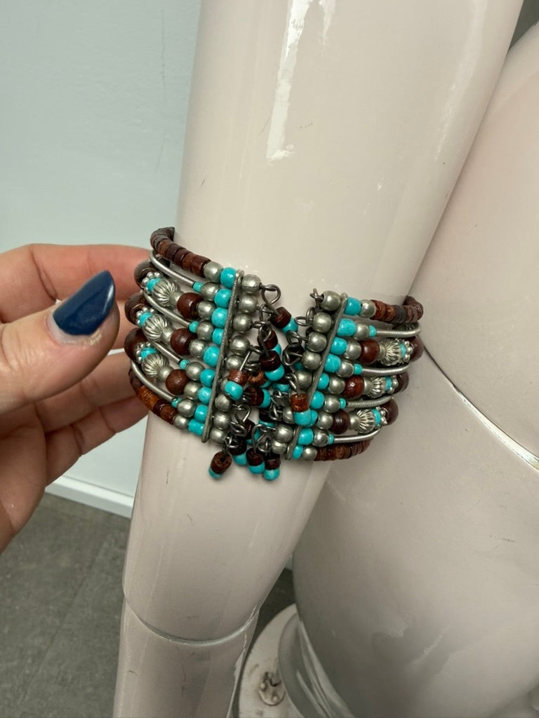Vintage Armband maat One size Turquoise, zilver en bruin