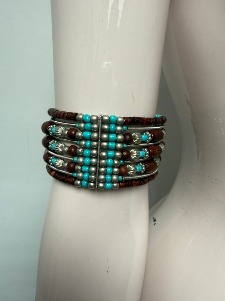 Vintage Armband maat One size Turquoise, zilver en bruin