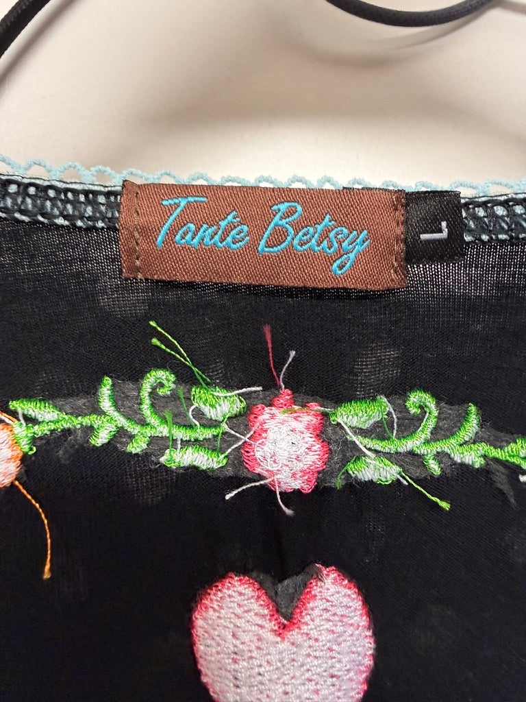 Tante Betsy - Jurk - overslag, zwart met grijze stippen, turquoise kanten zoom - L