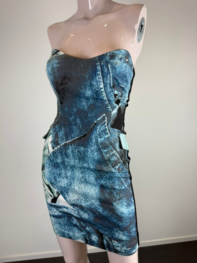 Just Cavalli - Jurk - blauw, denimprint, strapless - XS