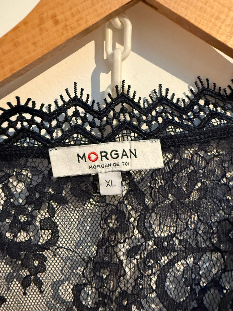 Morgan - T-shirt - donkerblauw, kant met bloemenpatroon, V-hals - XL