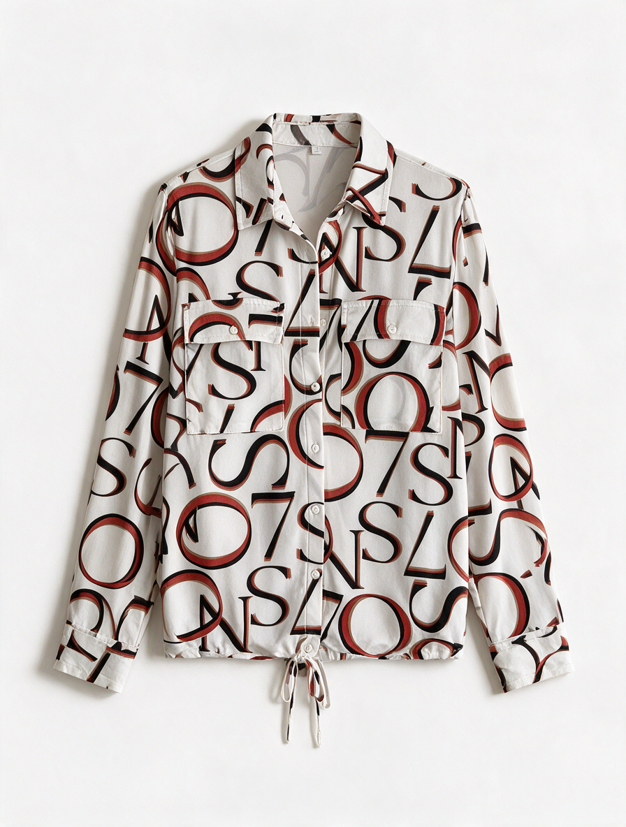Zoso - Blouse - all-over cijferprint, wit-zwart-rood, strikkoord - M