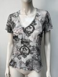Bandolera - Top - grijs/roze, V-hals met kantafwerking, all-over print - L