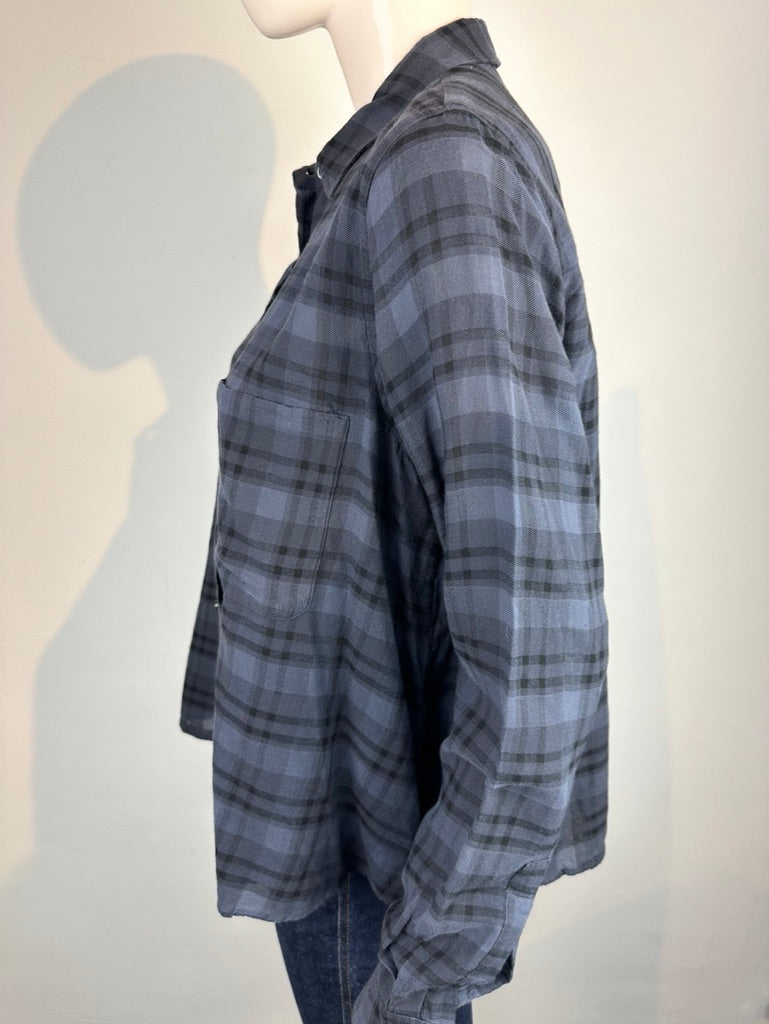 Pomandère - Blouse - grijs-blauw ruitpatroon, 100% katoen, volledige knoopsluiting - IT44 - NL40