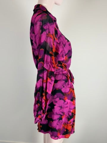 POM Amsterdam - Jurk - paars/roze/rood, abstracte print, ceintuur - M