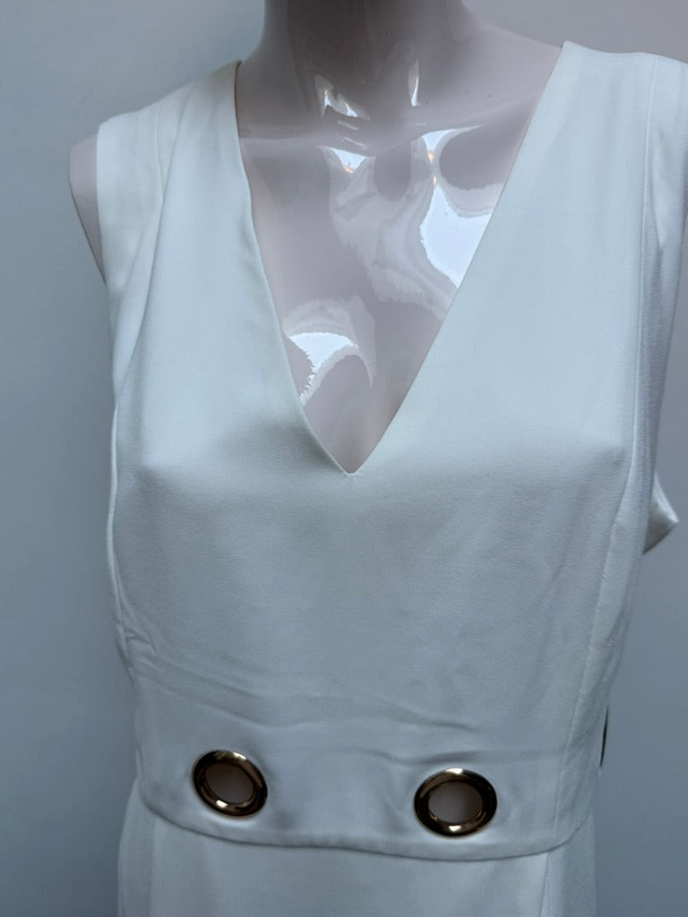 LINEA RAFFAELLI - Jurk - wit, diepe V-hals, metalen ringdetails - L