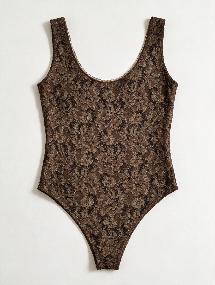 Orna Farho - Body - bruin, doorschijnend kant, bloemenmotief - M