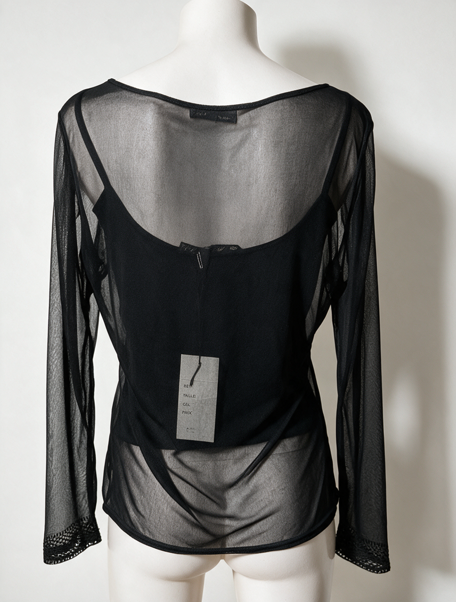 Blouse - zwart, transparante mesh, glitter rand - M
