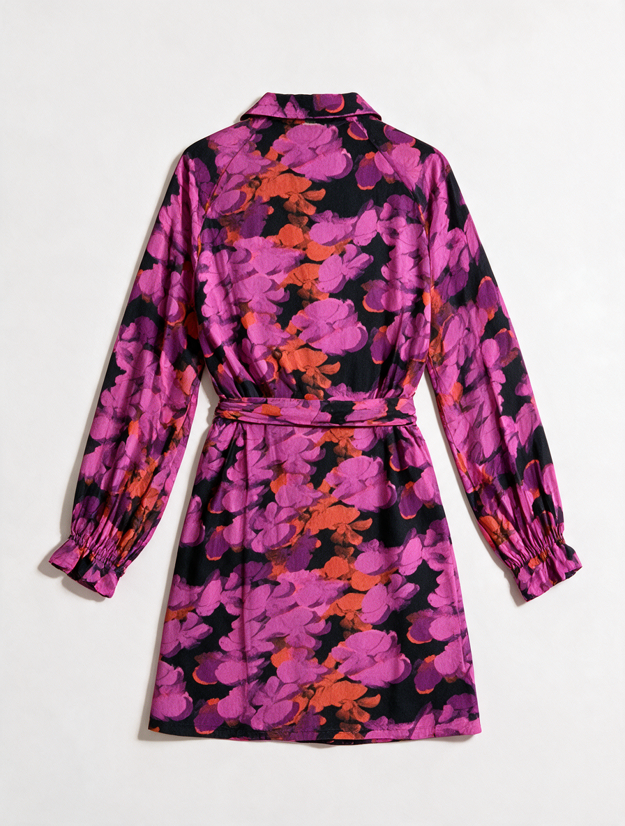 POM Amsterdam - Jurk - paars/roze/rood, abstracte print, ceintuur - M