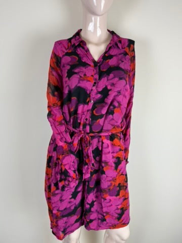 POM Amsterdam - Jurk - paars/roze/rood, abstracte print, ceintuur - M