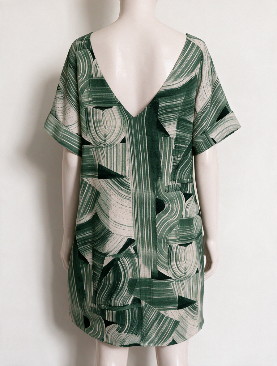 ESSENTIEL ANTWERP - Jurk - groen/beige, abstracte print, korte mouwen - L
