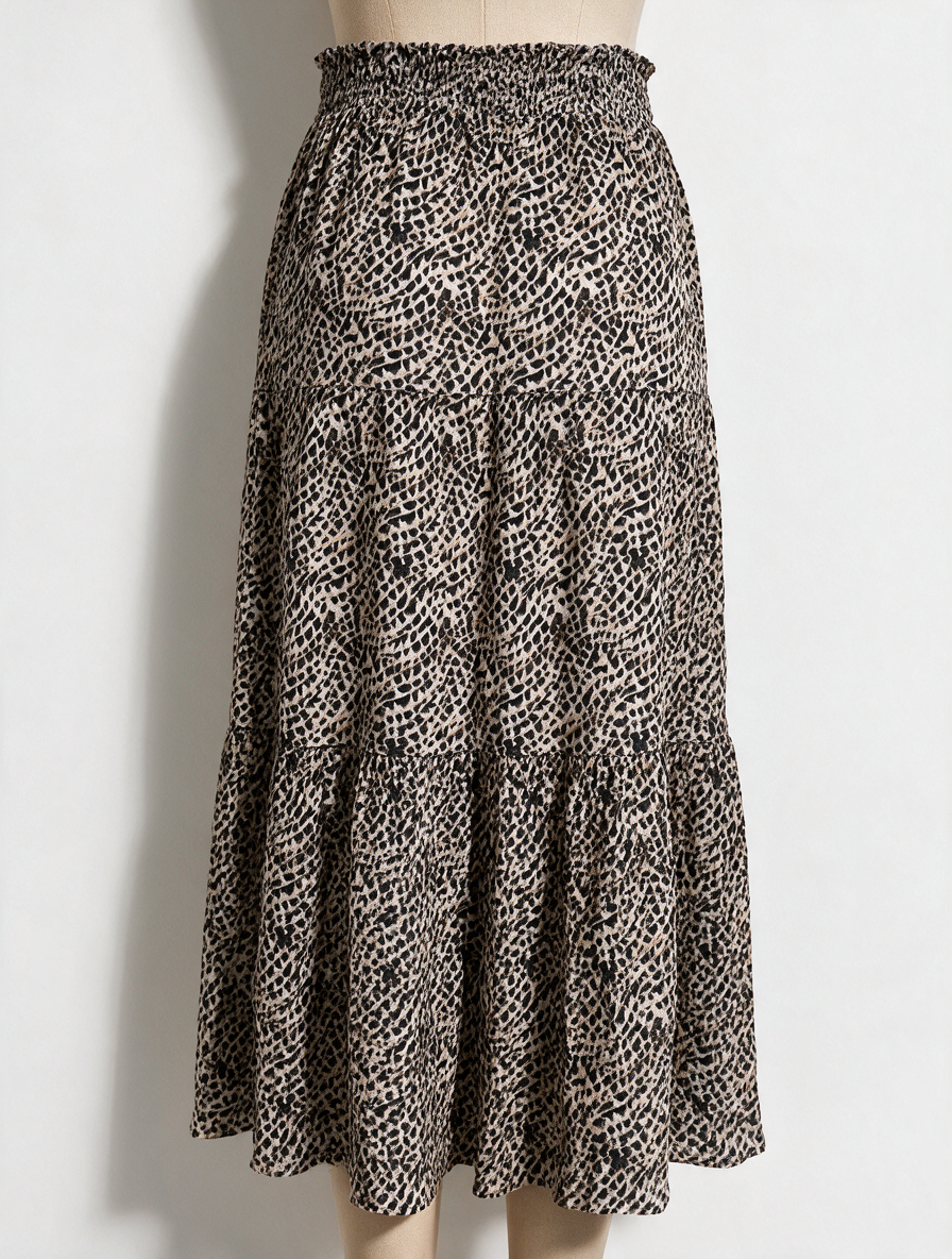 Les Copains - Rok - dierenprint, zwart/beige, elastische tailleband - L