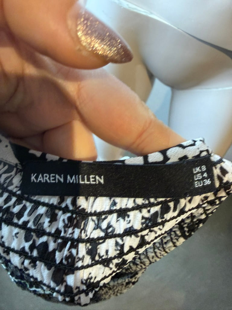 Karen Millen - Blouse - zwart-wit dierenprint, korte mouwen, gesmockte taille - S