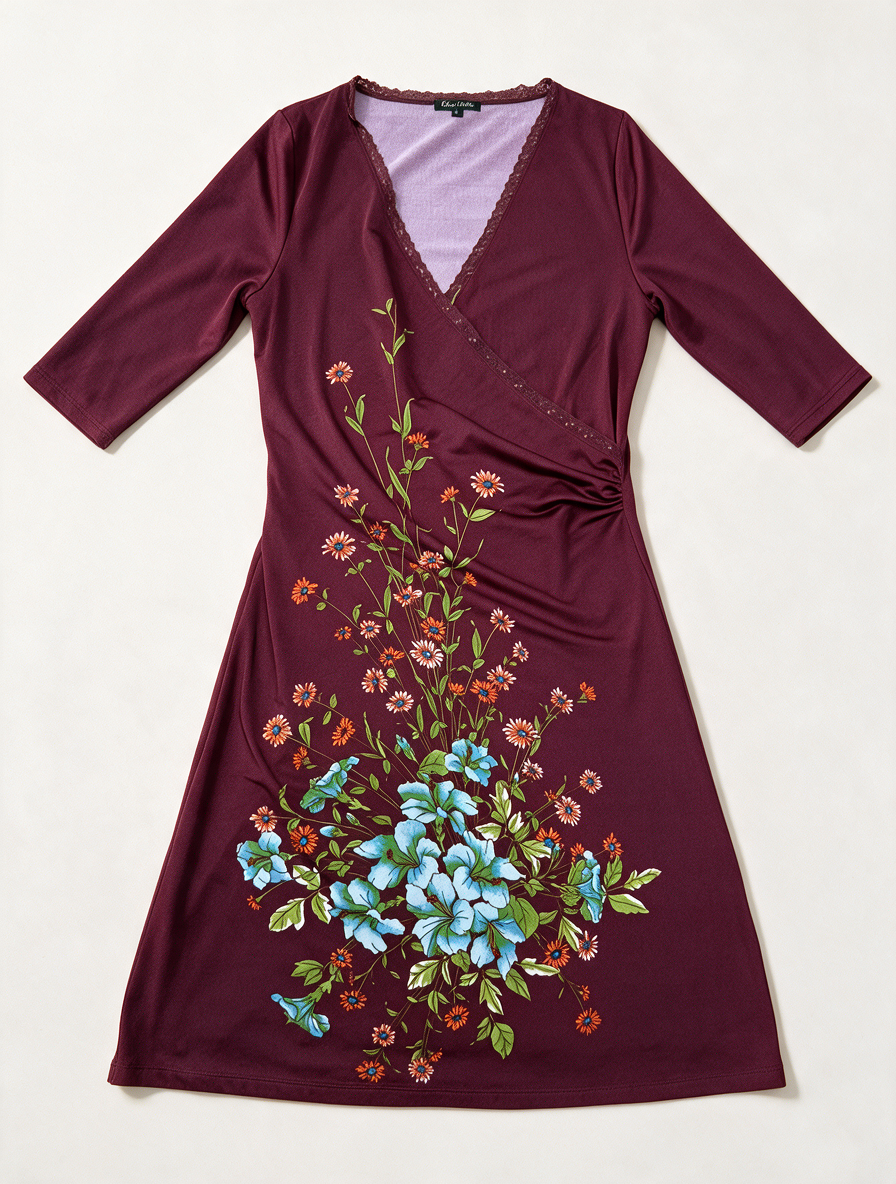 King Louie - Jurk - bordeaux, bloemenprint, wikkeljurk - L