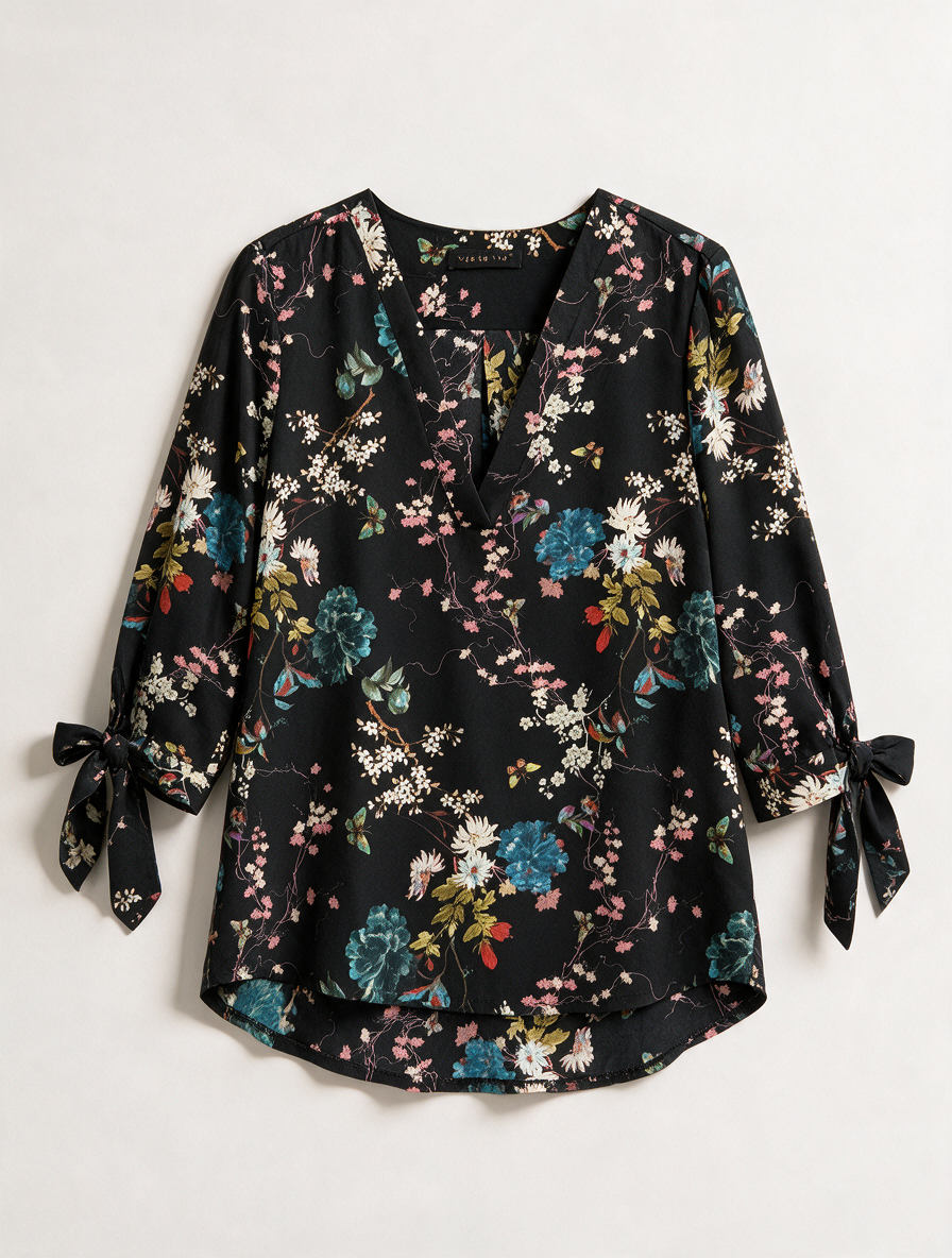 VIE TA VIE - Blouse - zwart, bloemenprint, V-hals - M