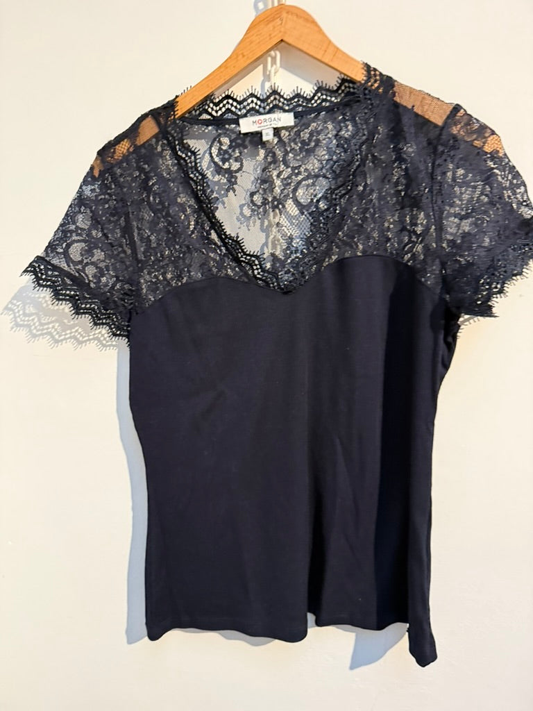 Morgan - T-shirt - donkerblauw, kant met bloemenpatroon, V-hals - XL