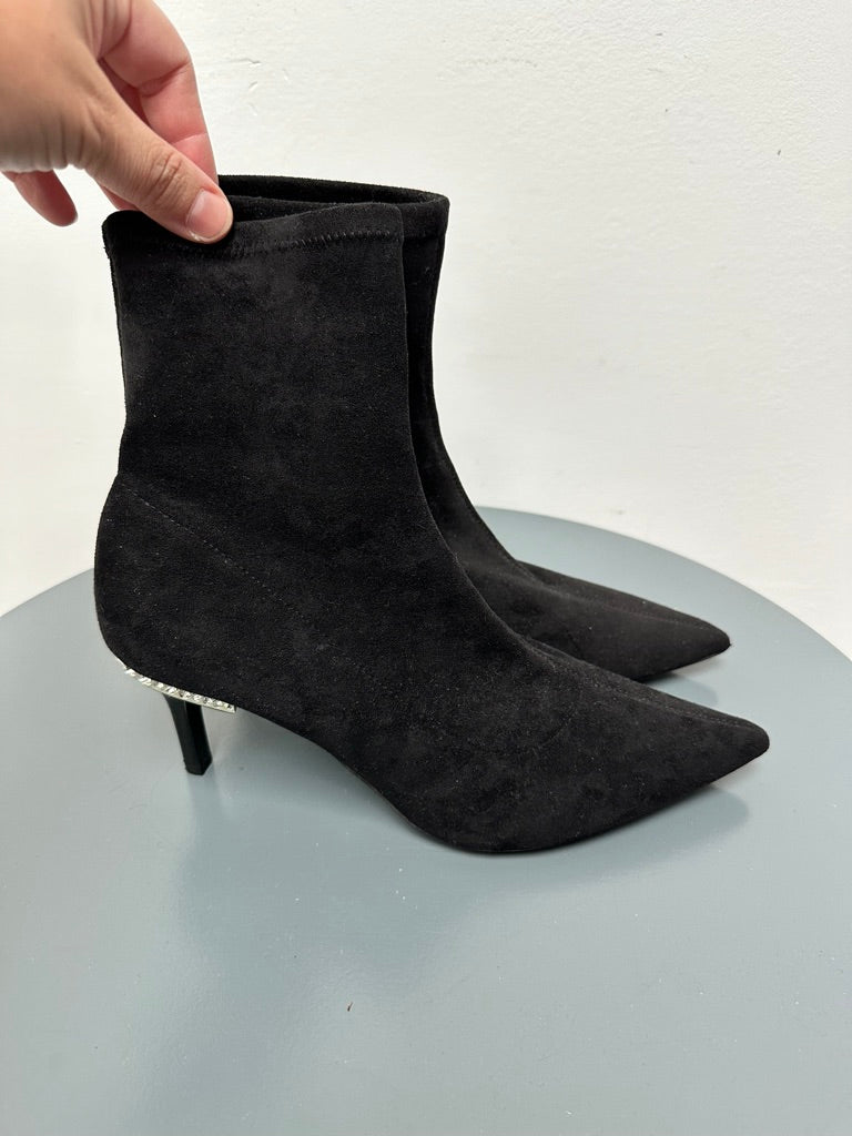 Dune - Enkellaars - zwart, suède-look, strassdetail op hak - 38