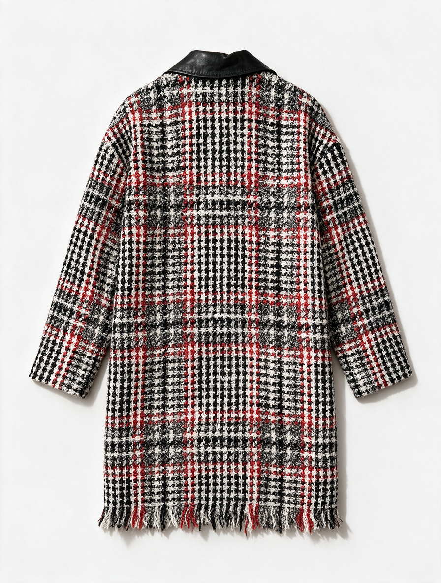 Caroline Biss - Jas - geruit in rood-zwart-wit, asymmetrische rits, kraag van imitatieleer - S