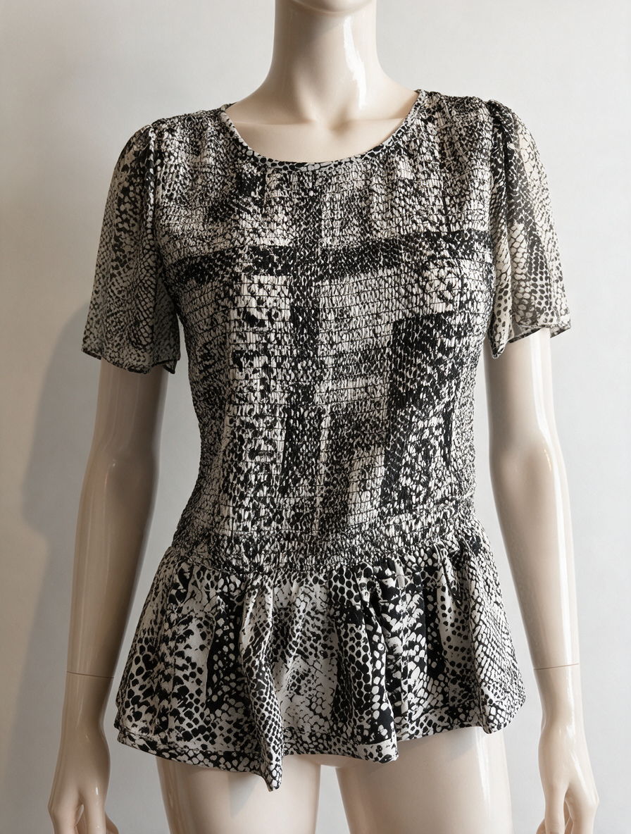 Karen Millen - Blouse - zwart-wit dierenprint, korte mouwen, gesmockte taille - S