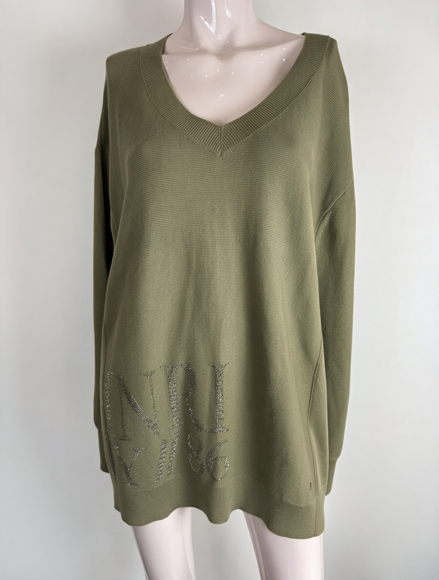 monari - Trui - olijfgroen, V-hals, strass steentjes - XL