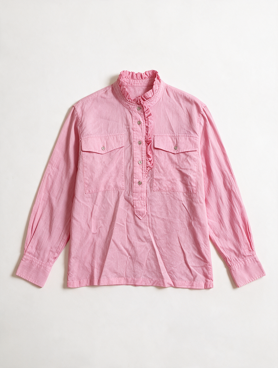 co’couture - Blouse - roze, opstaande kraag met ruches, halve knoopsluiting - XS