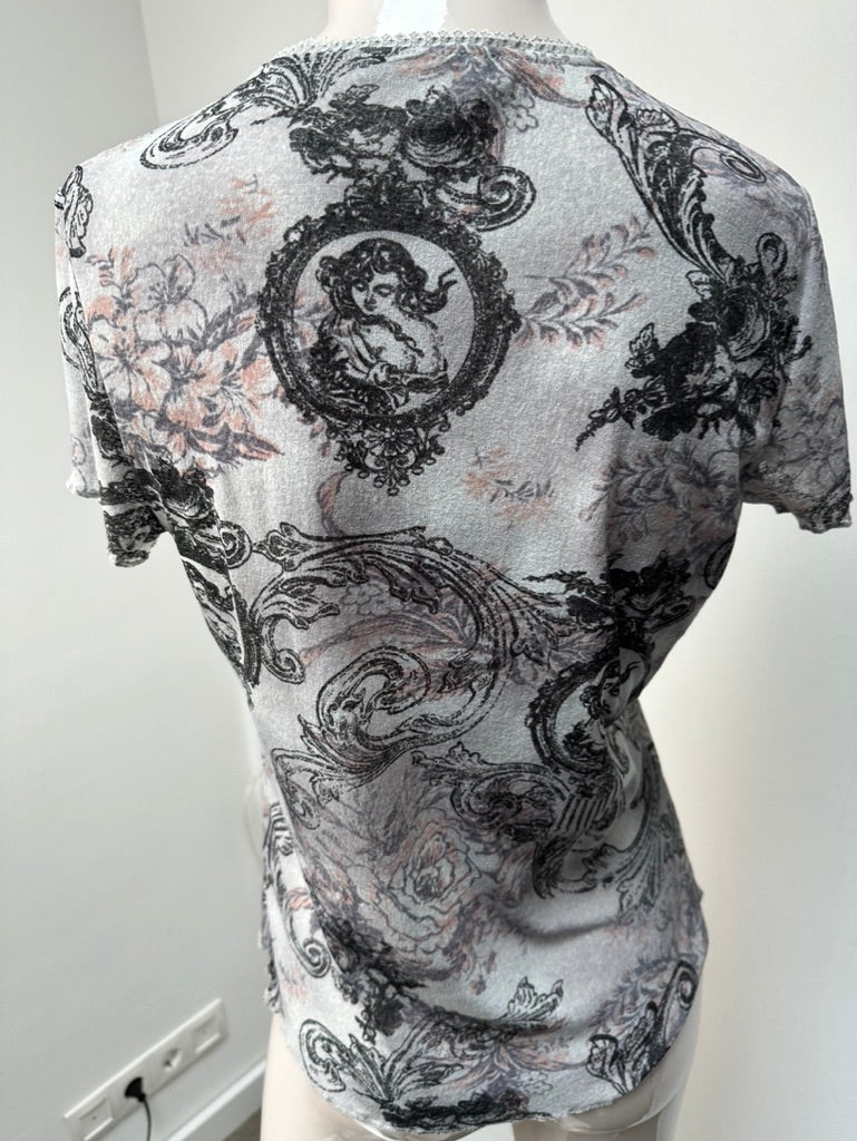 Bandolera - Top - grijs/roze, V-hals met kantafwerking, all-over print - L