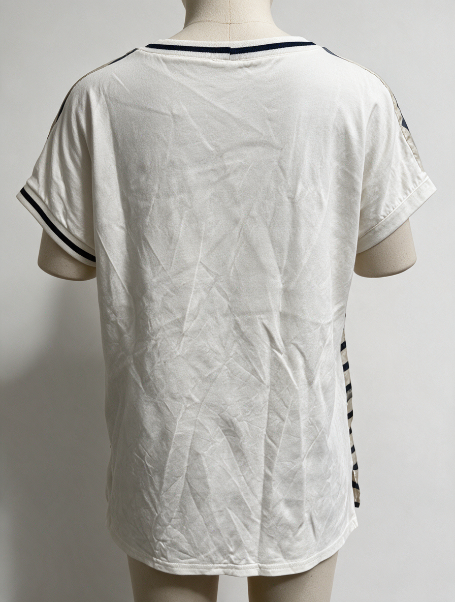 MUCHO! GUSTO! - T-shirt - blauw-wit gestreept, voorzijde zijde, tekstprint - M