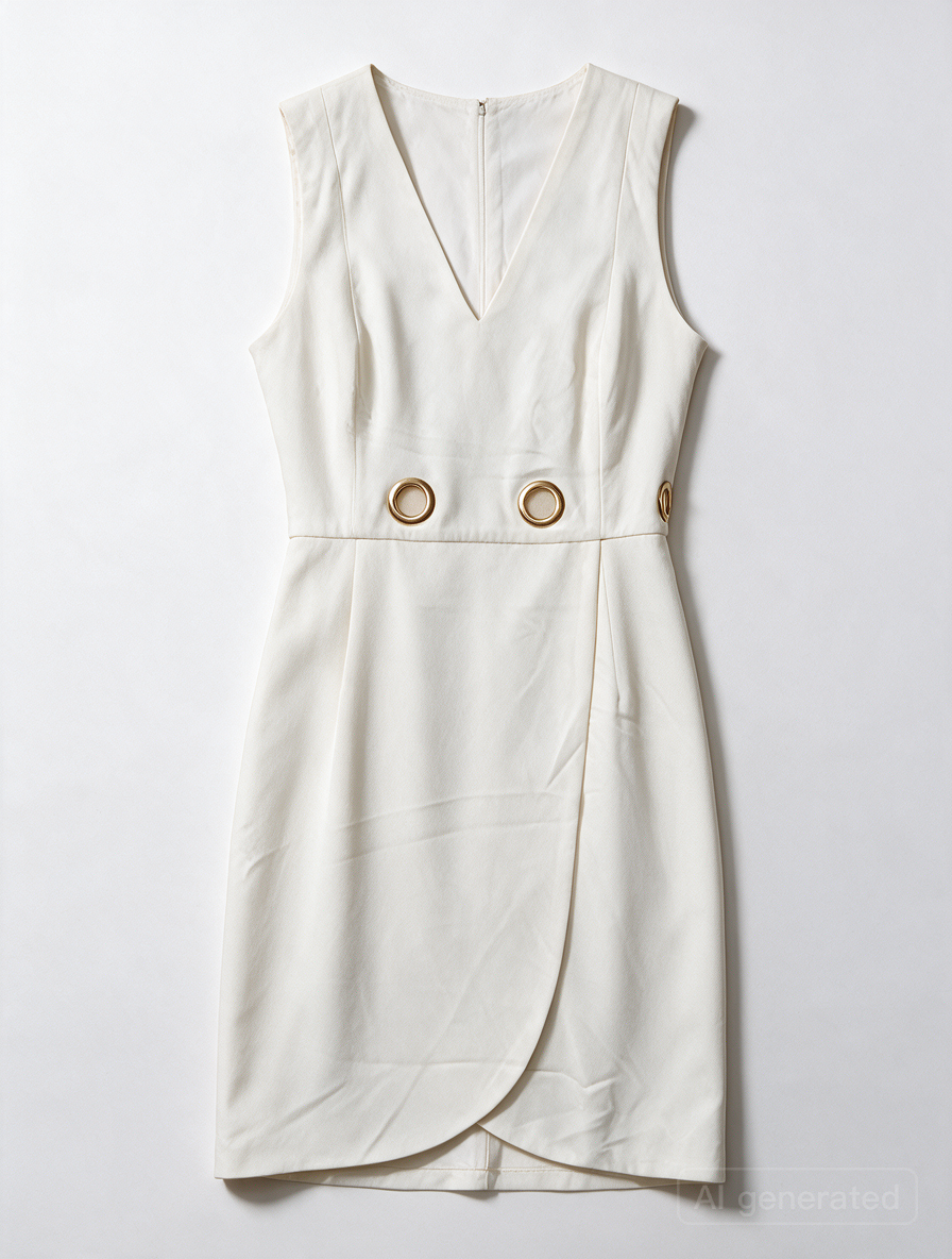 LINEA RAFFAELLI - Jurk - wit, diepe V-hals, metalen ringdetails - L