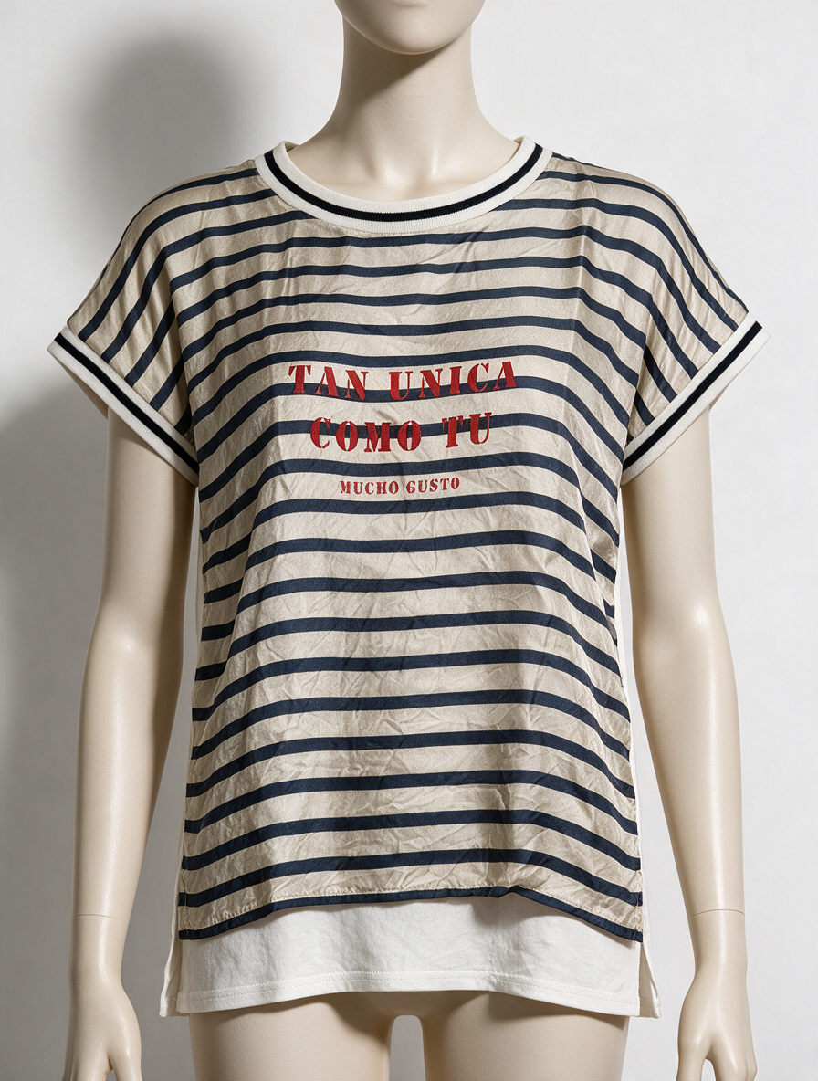 MUCHO! GUSTO! - T-shirt - blauw-wit gestreept, voorzijde zijde, tekstprint - M