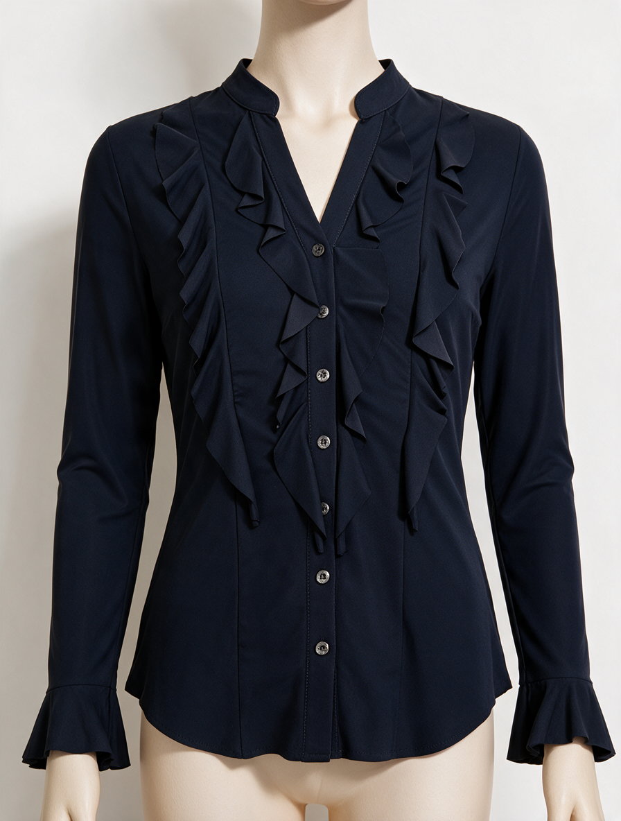 HELENA HART - Blouse - donkerblauw, ruches, opstaande kraag - XL