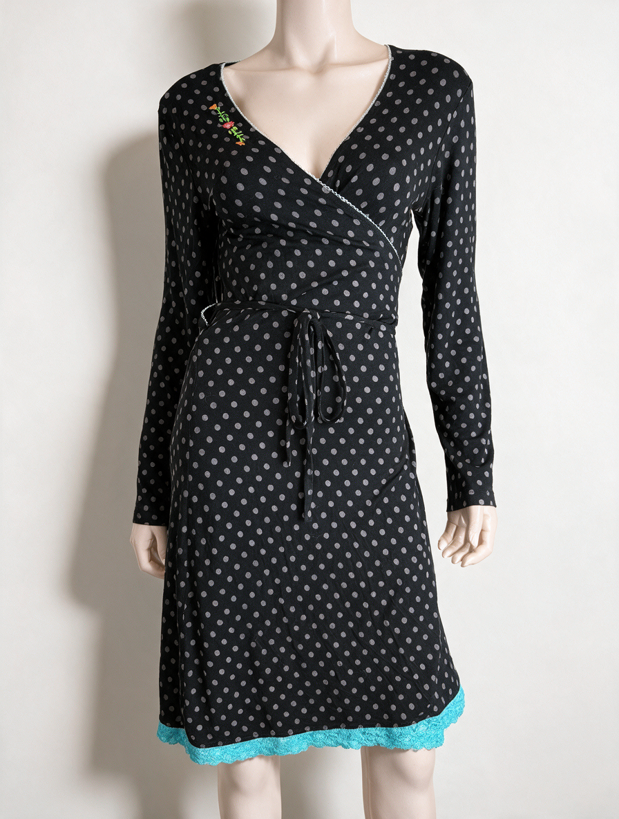 Tante Betsy - Jurk - overslag, zwart met grijze stippen, turquoise kanten zoom - L