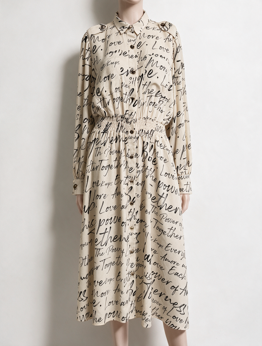 JOSH V - Jurk - crème/zwart, kalligrafieprint, knoopsluiting maat M