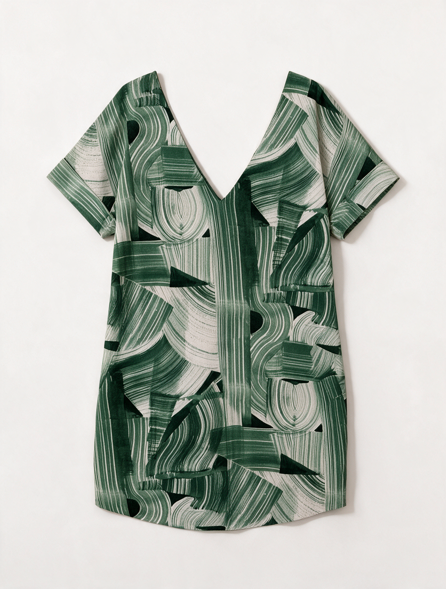 ESSENTIEL ANTWERP - Jurk - groen/beige, abstracte print, korte mouwen - L